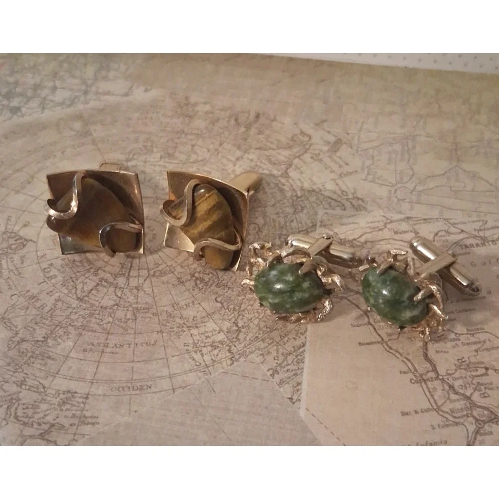 2 pair VTG Tiger's Eye & Unique Green Jasper (?) Cufflinks Tiger Eye PAT247958